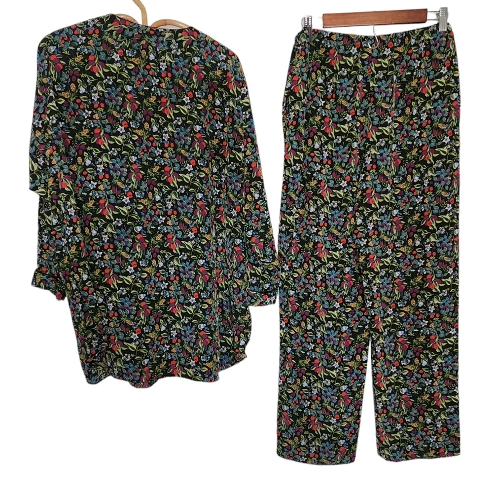 VTG Jennifer Moore Wildflower Silky Pajama Pant Set Black Floral S
